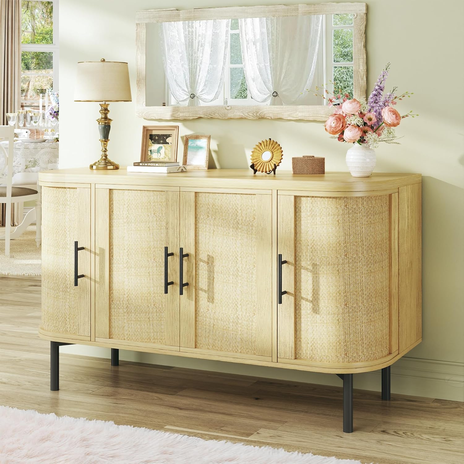 HUAHUU Sideboard Buffet Cabinet with Storage, 47.2" Rattan Sideboard Cabinet with Adjustable Shelf, Metal Legs, Modern Buffet Sideboard for Kitchen, Living Room, Entryway, Natural Oak