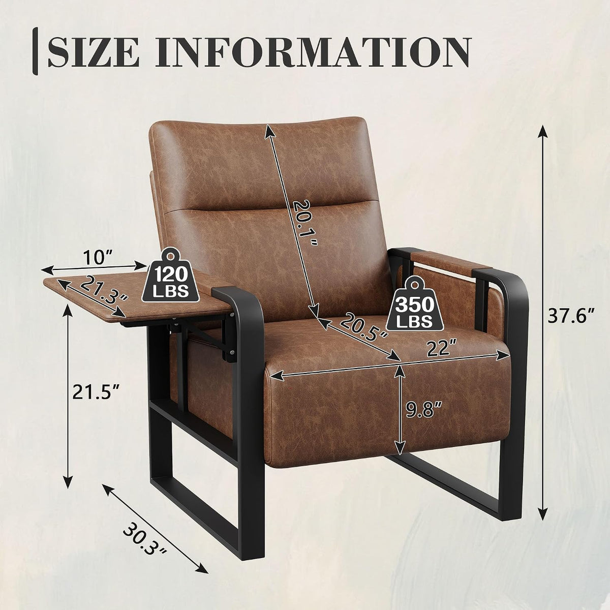 Upholstered Living Room Chair Armchair Set of 2, Mid Century Faux Leather Metal Accent Chair, Reception Couch Office Guest Chair Slipper Club Lounge Single Sofa with Sidetable for Bedroom-Brown