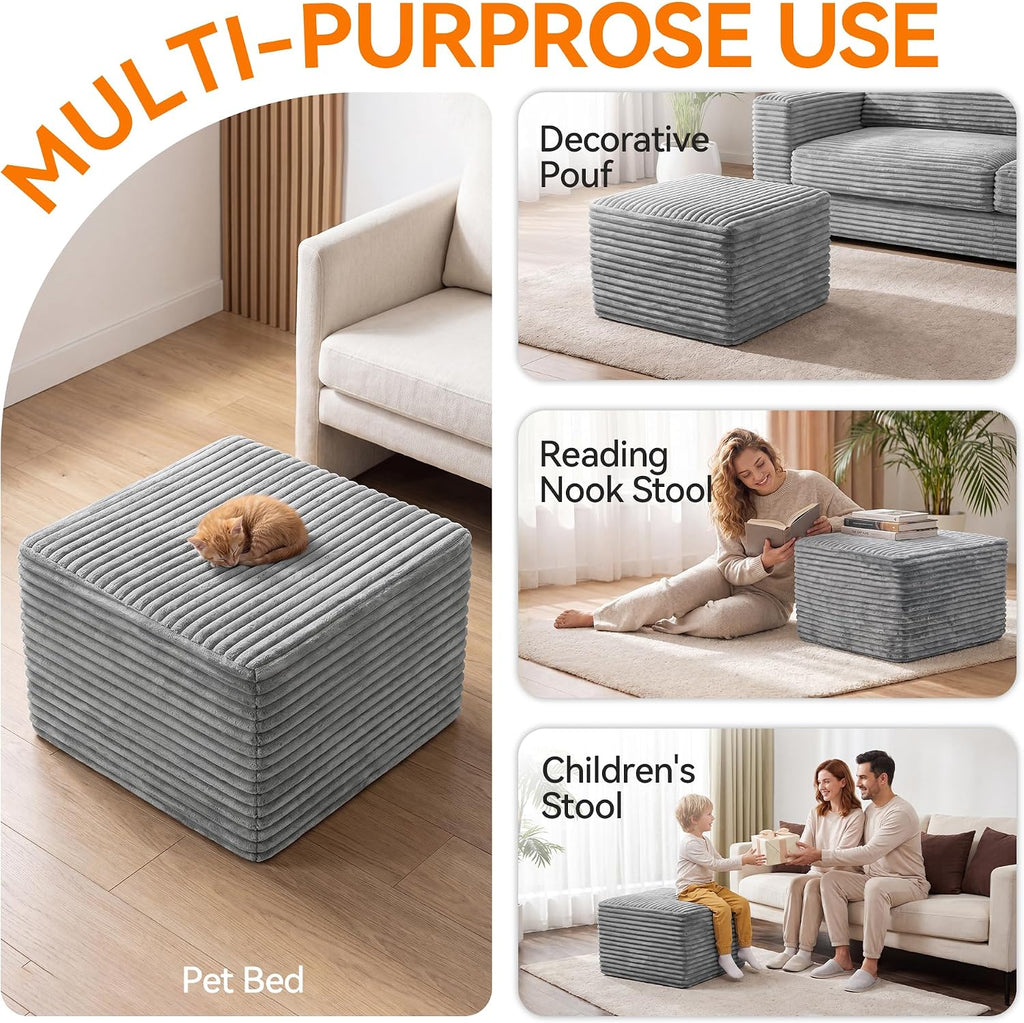 23in Square Pouf Ottoman, Large Corduroy Ottoman Foot Rest with Solid High-Density Foam, Removable Washable Cover, Soft Floor Foot Stool for Living Room, Bedroom, Grey