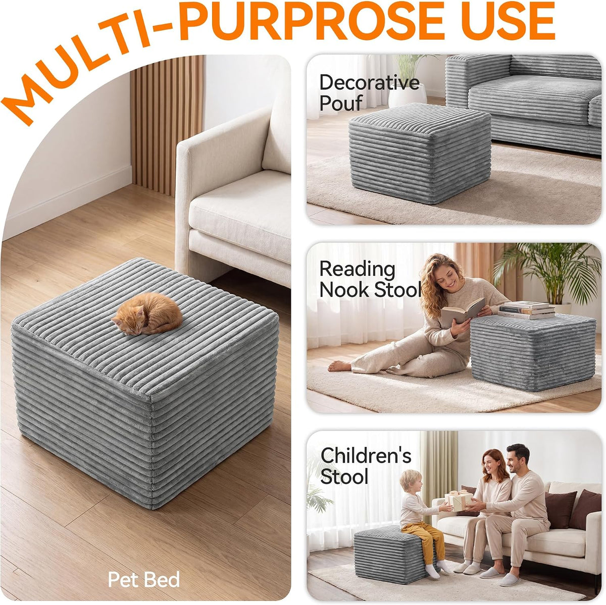 23in Square Pouf Ottoman, Large Corduroy Ottoman Foot Rest with Solid High-Density Foam, Removable Washable Cover, Soft Floor Foot Stool for Living Room, Bedroom, Grey