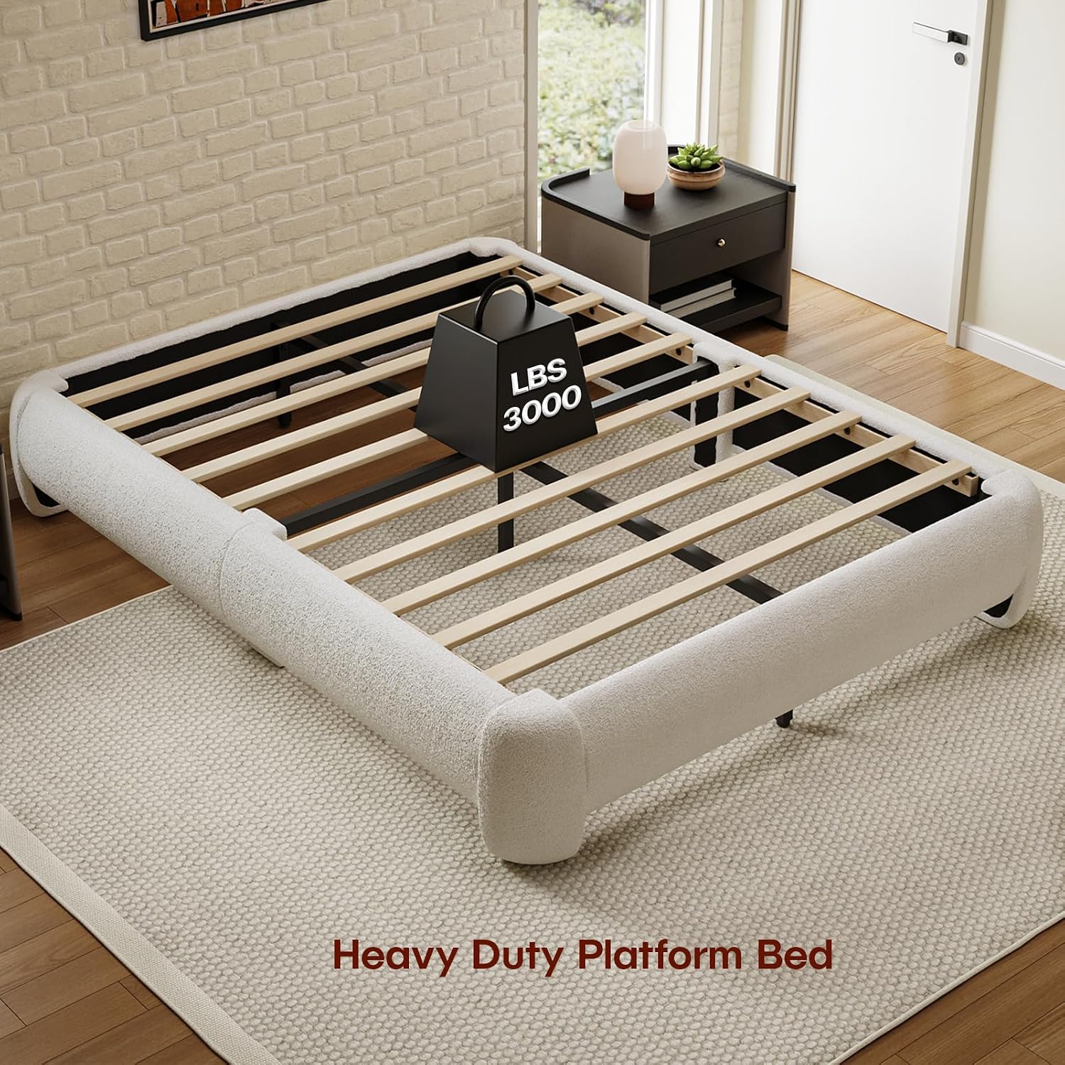 Cloud Full Size Platform Bed Frame, Soft Boucle Bed Frame with Round Corner, Upholstered Bedframe Full with Heavy Duty Wood Slat, No Box Spring Needed, Easy Assembly, White
