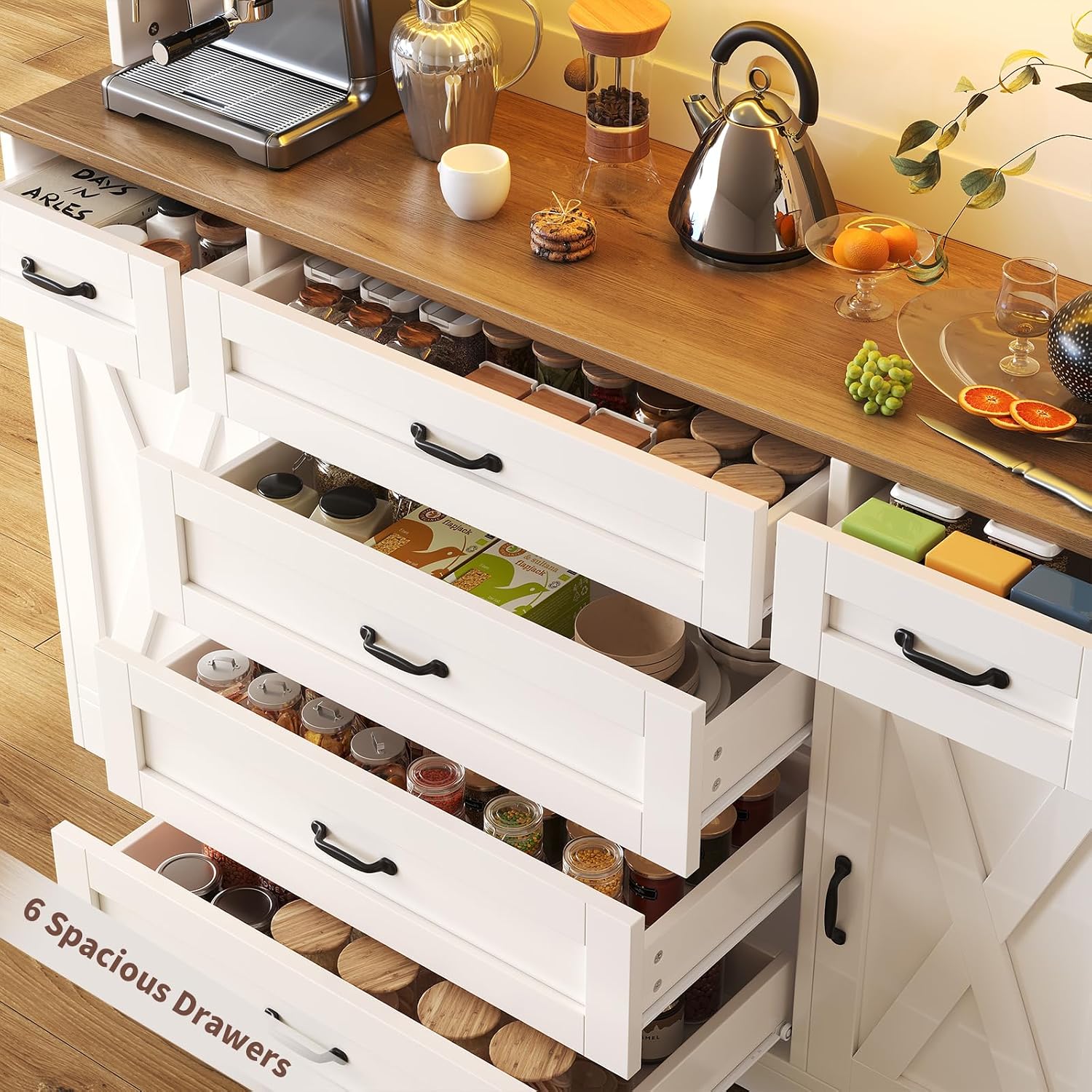 71" Farmhouse Pantry Cabinet with LED Lighting and Charging Station, Tall Storage Cabinet with 8 Doors, 6 Drawers & Adjustable Shelves, Coffee Bar Pantry for Kitchen Dining Room, White