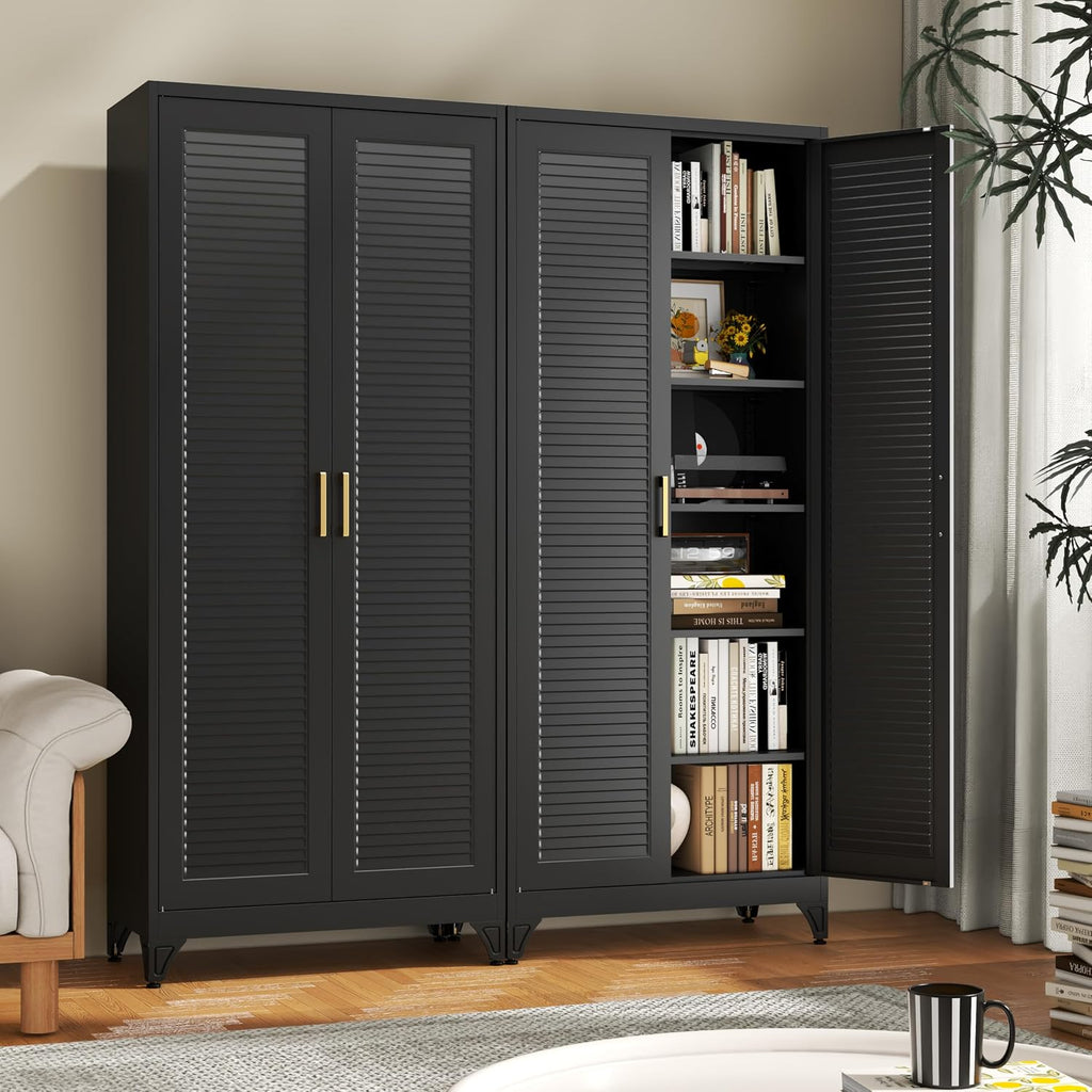 75" Metal Pantry Cabinet,Kitchen Storage Cabinet with Shelves | Louvered Metal Storage Cabinet,Adjustable Shelves,Gold Handles,Leveling Feet,Anti-tipping,for Garage/Kitchen Black