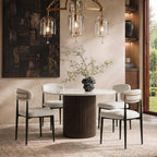 42 Inch Round Dining Table for 4, Modern White Marble Table with Fluted Solid Wood Base for Kitchen, Dining Room and Apartment