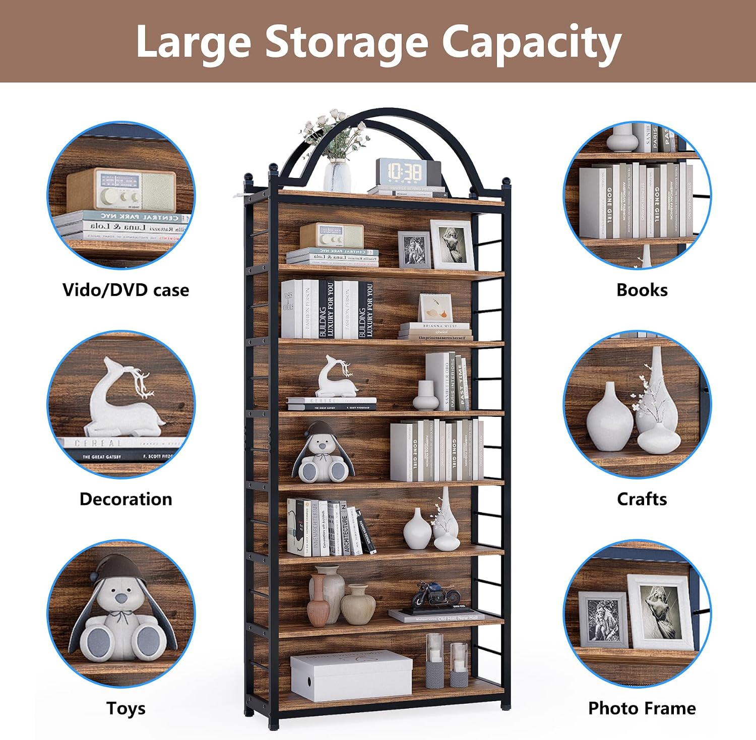 CD Storage Rack Holds 400+ CDs, 8-Tier CD DVD Storage Tower Organizer, Large Media Storage Shelf with Adjustable Feet for Living Room Bedroom Home Entertainment, Rustic Brown