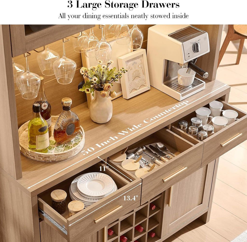 77" Tall Pantry Cabinet & Coffee Bar Cabinet with Storage,Natural Oak | Wine Cabinet for Dining Room Home with LED Lighting & Charging Station, Bar Cabinets for Kitchen,Dining Room, Living Room