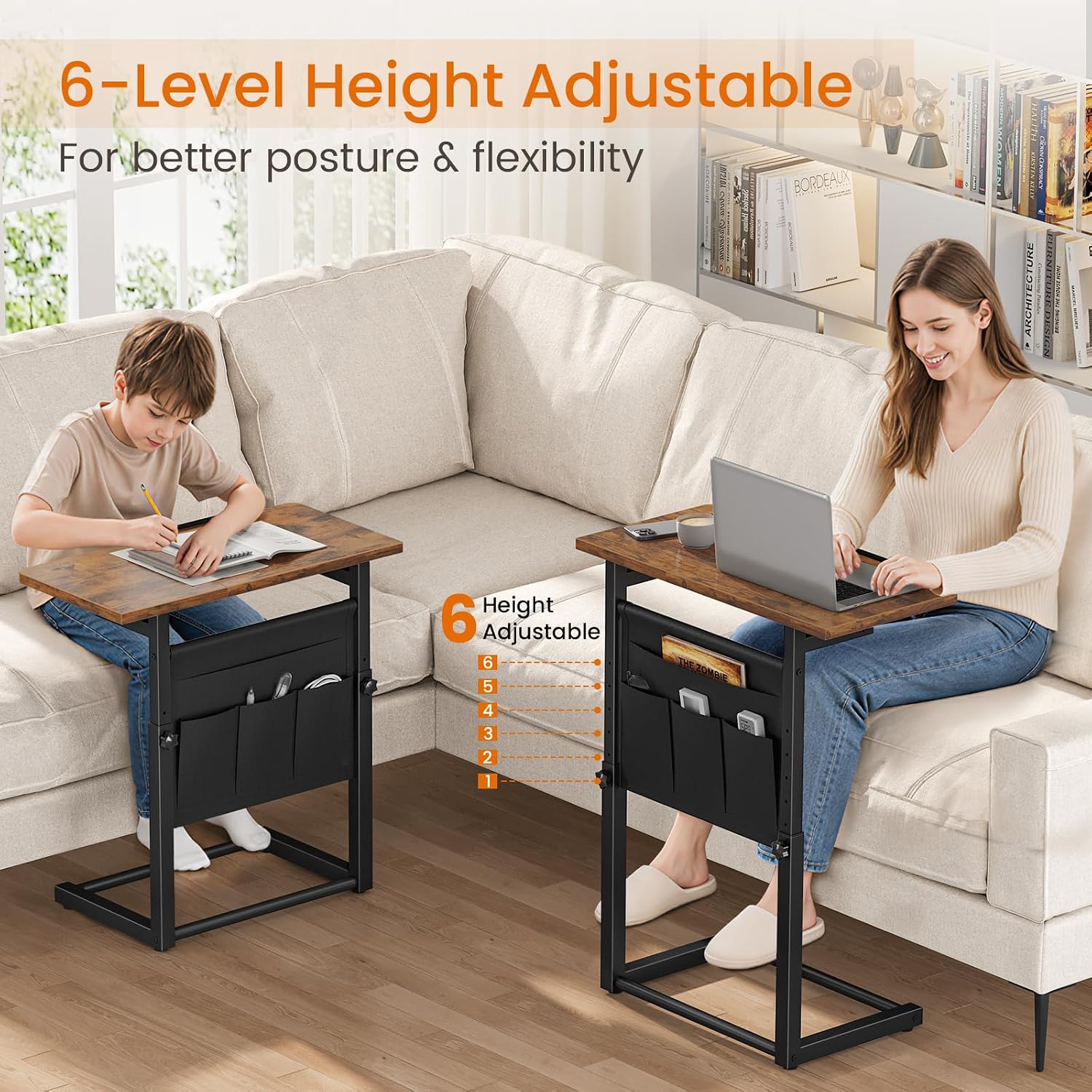 Giikin TV Tray Table, 23.6" Extra Large Side Table, Adjustable Height TV Trays for Eating on Couch, 90° Tilt Angle Foldable C-Shaped End Table with Storage for Small Spaces Sofa Bed Dinner