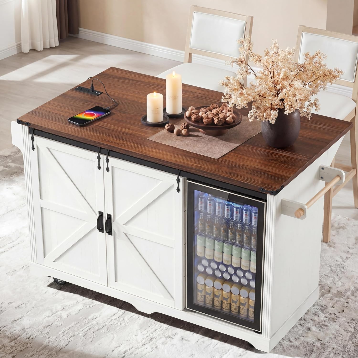 72" Rolling Kitchen Island with Mini Fridge Space & Power Outlet,White | Farmhouse Kitchen Cart Cabinet with Drop Leaf Table, 4 Drawers, Sliding Barn Doors & Wine Glass Holder