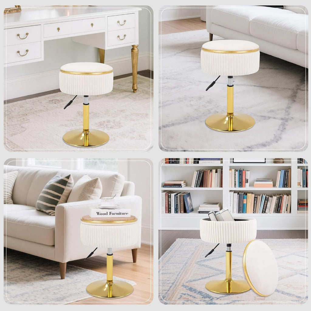 Adjustable Vanity Stool, Velvet Makeup Stool with Storage Beige | Small Vanity Chair, 360° Swivel Round Ottoman with Gold Base for Living Room, Bedroom
