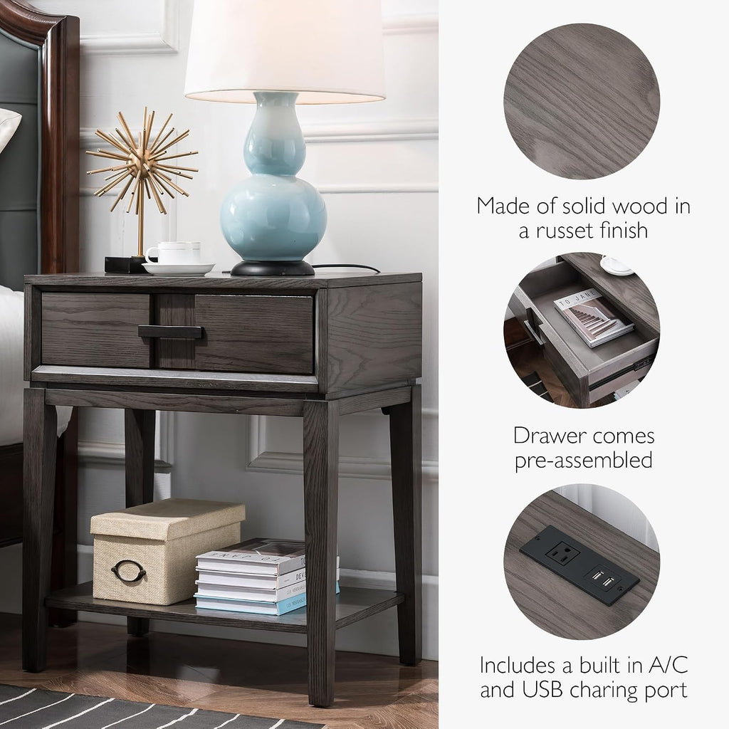 Leick Home Oak Recessed Drawer Side Table with A/C and USB Charger in Smoke Gray, 9074
