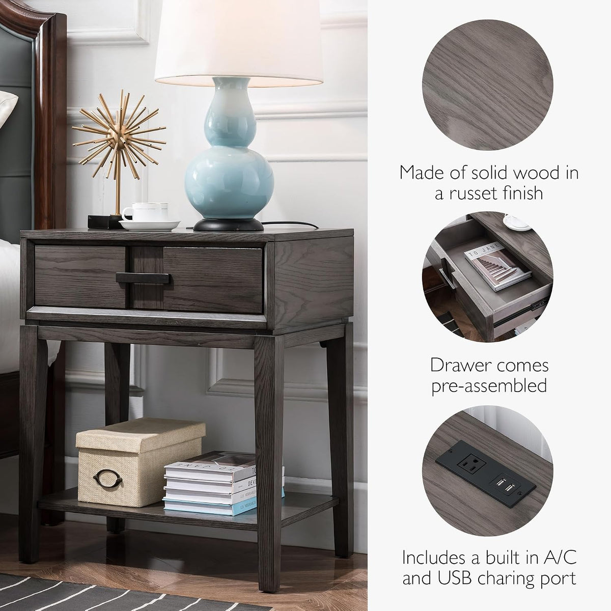 Leick Home Oak Recessed Drawer Side Table with A/C and USB Charger in Smoke Gray, 9074