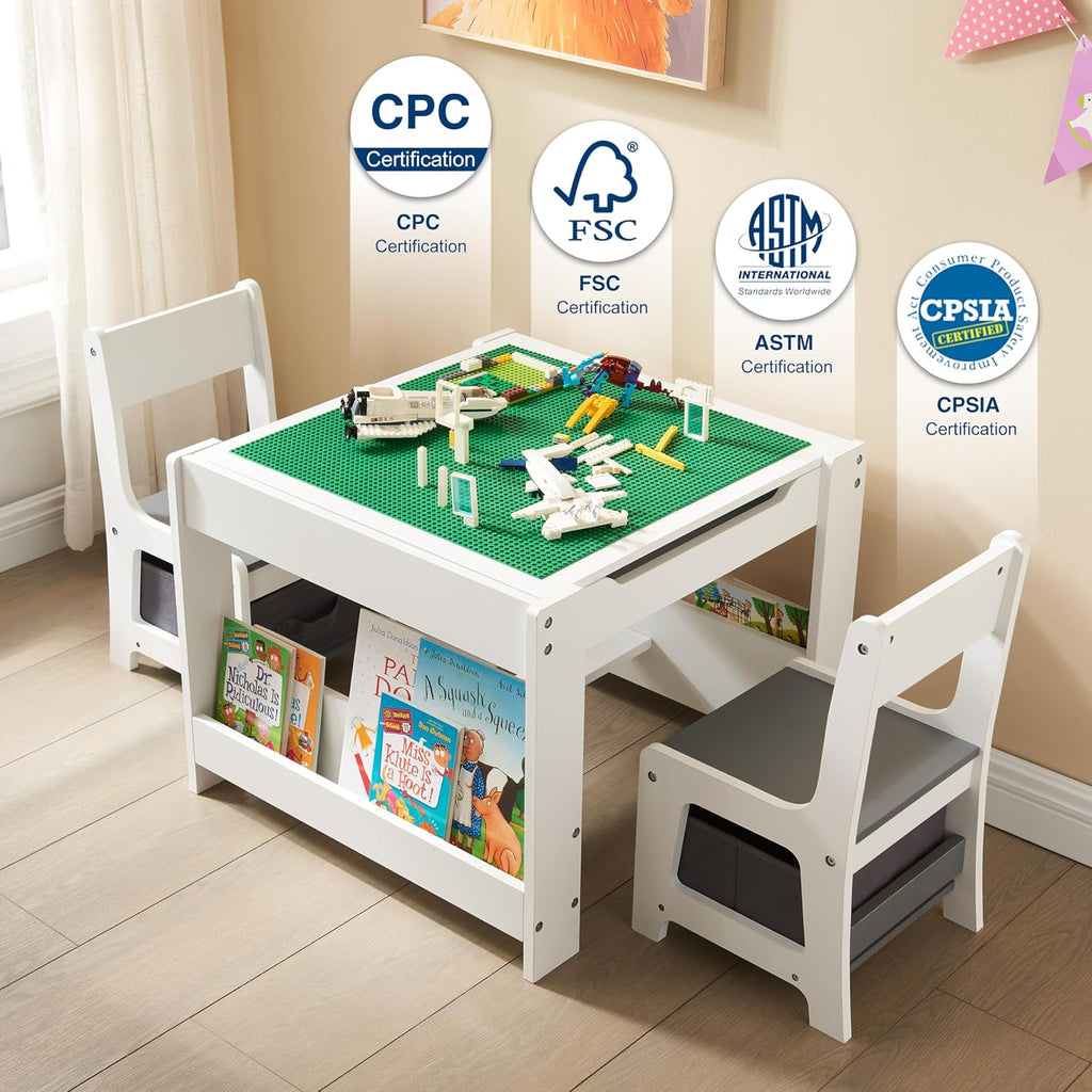 GABHX Kids Table and Chair Set, 3 in 1 Wooden Activity Table with Bookshelves and Storage Drawer, 2 in 1 Detachable Tabletop Construction Play Table Set for Drawing, Reading