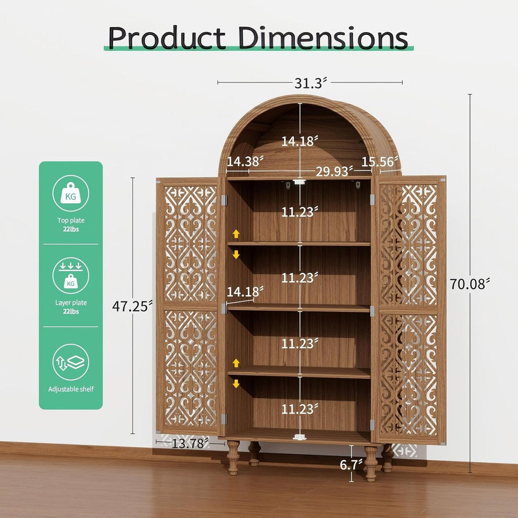 70" Tall Arched Storage Cabinet with 2 Hollow Carved Doors, Boho Kitchen Pantry with 5-Tier Storage Space, Modern Farmhouse Cupboard Bookcase for Living Room, Kitchen, Study, Walnut, 1 PCS