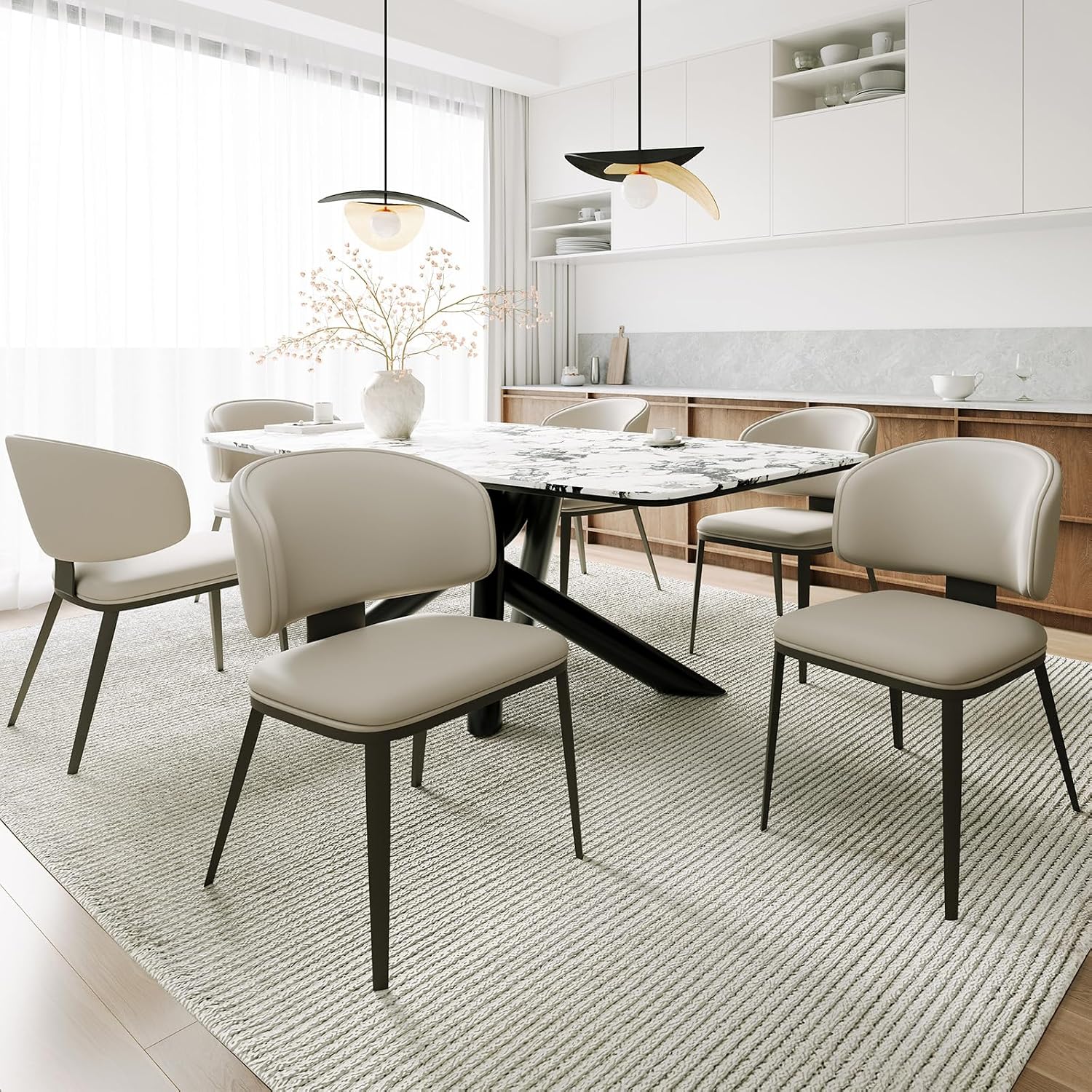 Dining Chairs Modern High Backrest Comfortable, Fashion Upholstered Kitchen Chair Armless Dinner Chair with Metal Legs for All Rooms (Light Grey, Set of 6)