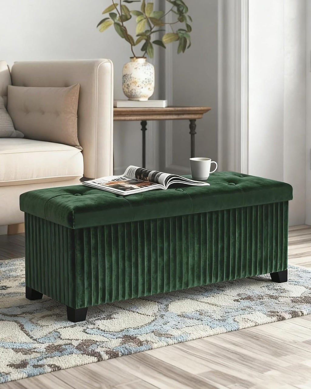 LITZFUR 43 Inches Storage Ottoman Bench, Velvet Foot Rest Stool, Green | Folding Ottoman with Legs, End of Bed Bench, Storage Chest for Living Room, Bedroom