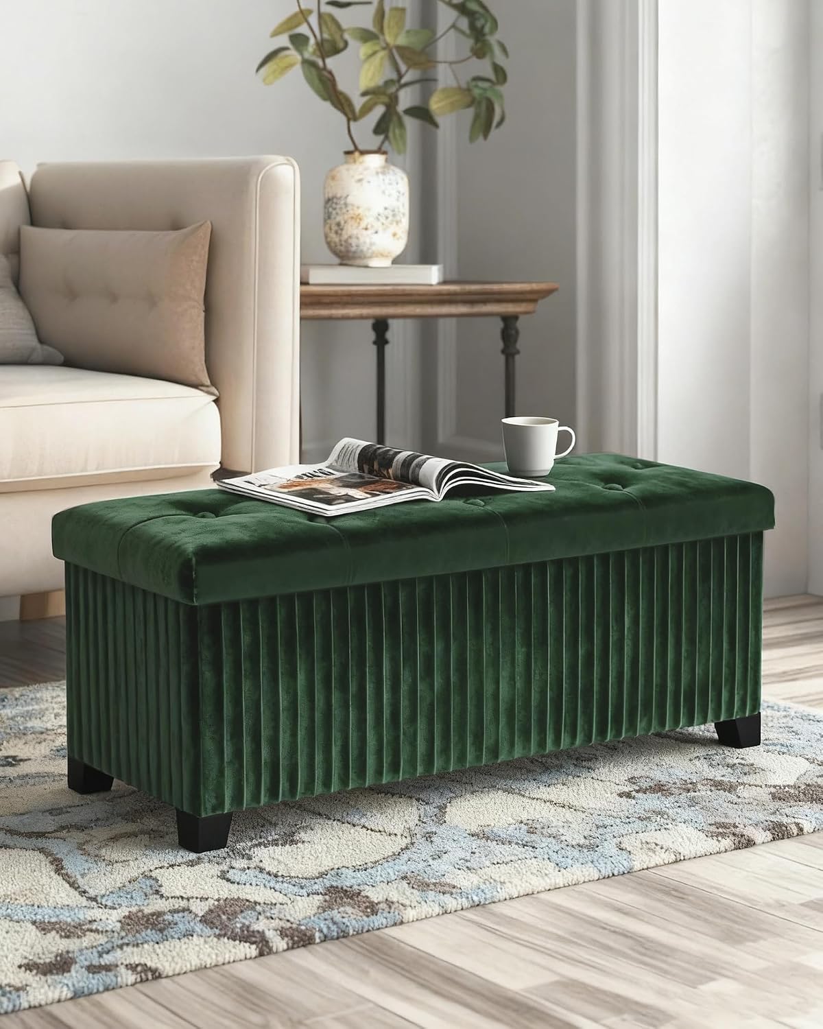 LITZFUR 43 Inches Storage Ottoman Bench, Velvet Foot Rest Stool, Green | Folding Ottoman with Legs, End of Bed Bench, Storage Chest for Living Room, Bedroom