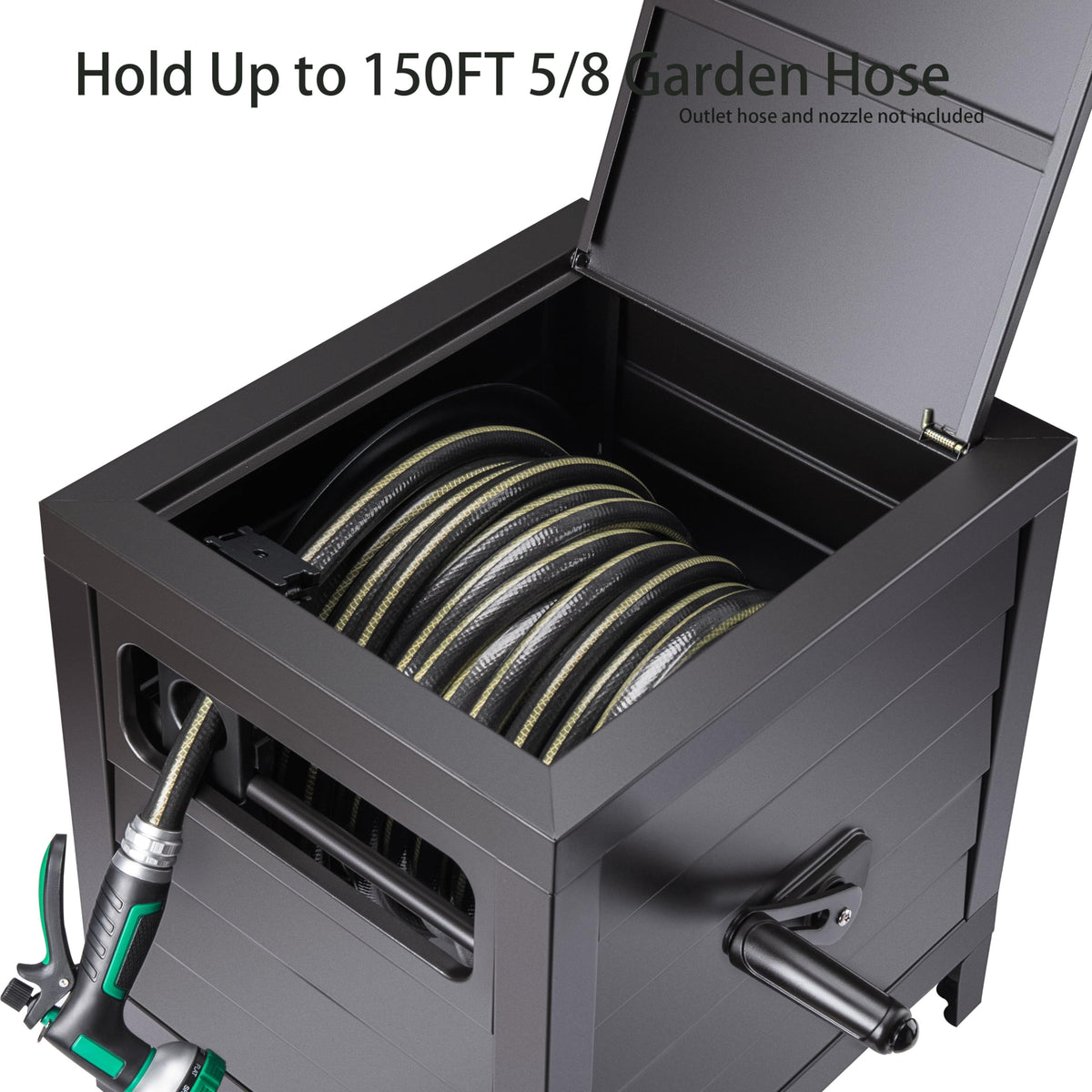 AQUAZILLA Metal Garden Hose Reel Deck box, Durable Steel Garden Hose Storage Box Cabinet, 150ft 5/8" Garden Hose Capacity. - Hose guide Manual Rewind, No-leak aluminum water connections