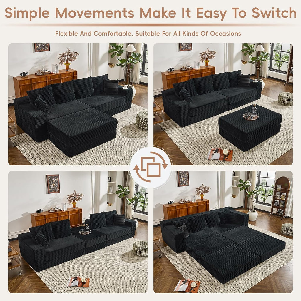 106" Modular Cloud Sofa Couch Convertible Sectional with High Density Foam, 4-in-1 Sofa Bed/Tatami/L-Shape Couch, No Assembly Required Black Couch