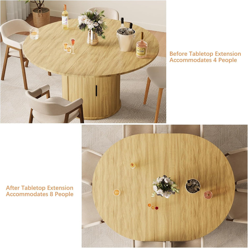 Dining Table for 4-6,59“Extendable Round Dining Room Kitchen Table with Storage,Round Table for Living Room,Fluted Wood Table with Slide Door,Expandable Oval Dinner Furniture with Pedestal Base,Oak
