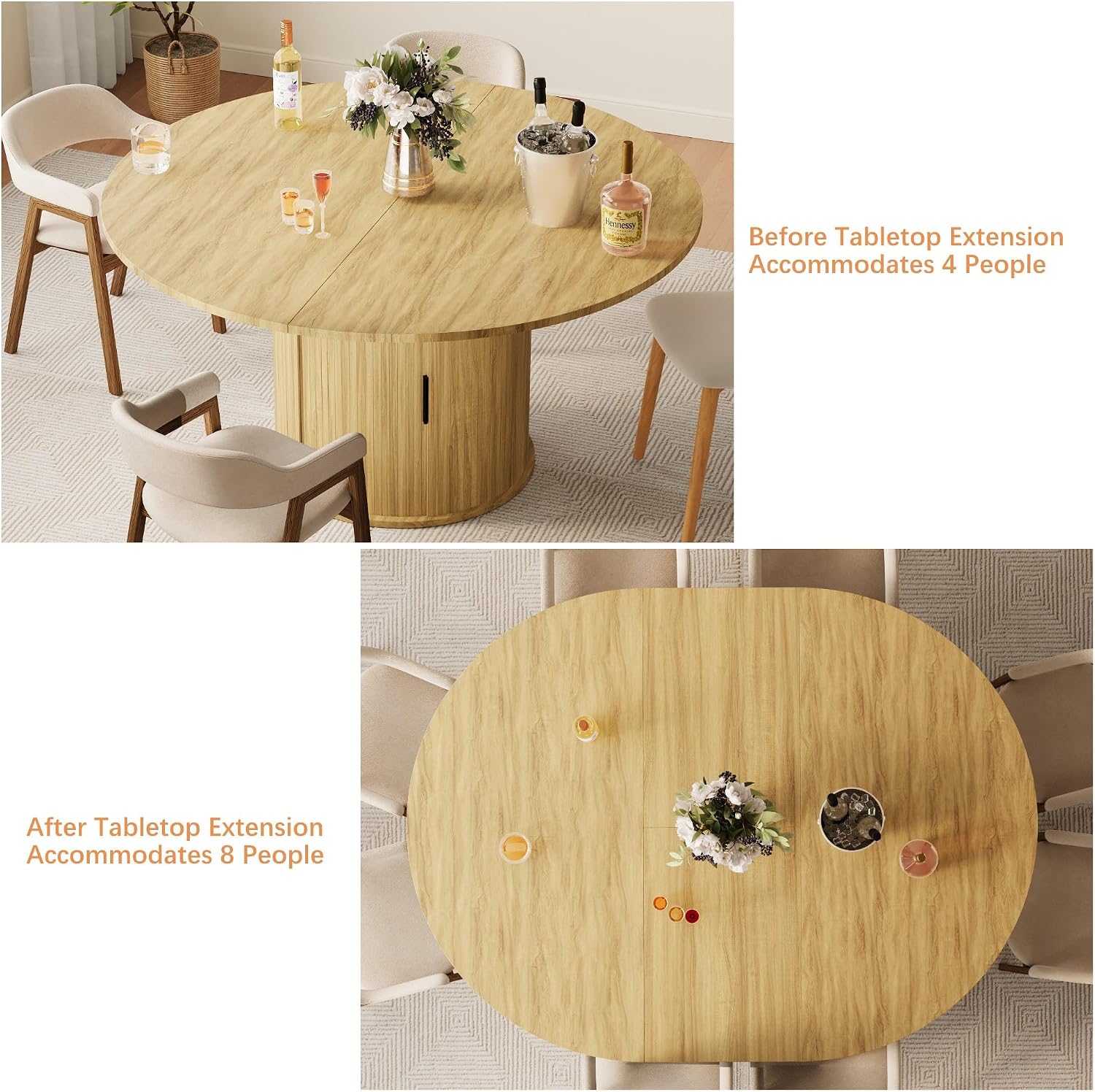 Dining Table for 4-6,59“Extendable Round Dining Room Kitchen Table with Storage,Round Table for Living Room,Fluted Wood Table with Slide Door,Expandable Oval Dinner Furniture with Pedestal Base,Oak