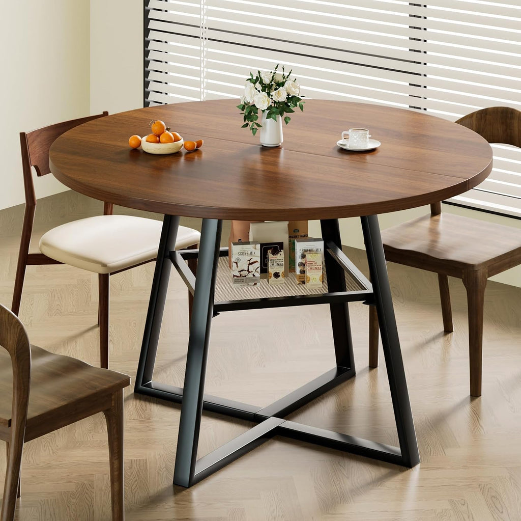 47 Inch Round Dining Table for 4-6, Space Saving Circle Kitchen Table with Storage, Mid Century Modern Dinner Table with Metal Legs, Wooden Farmhouse Dining Room Table for Living Room, Walnut