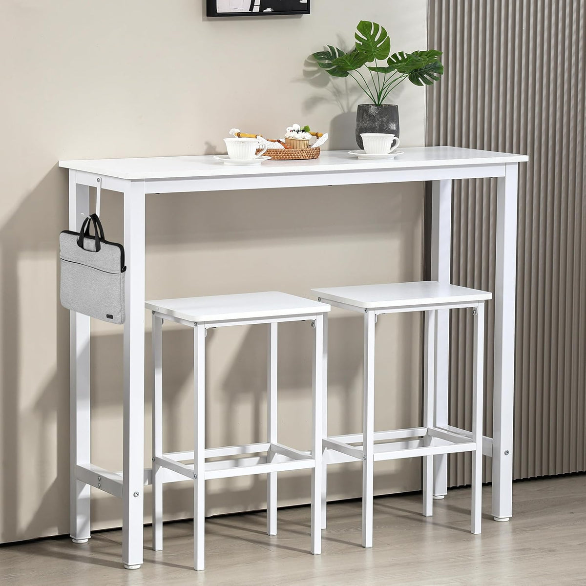 Finnhomy 47" Industrial Bar Table Set with 2 Stools - Counter Height Dining & Pub Table for Small Spaces, Kitchen, Apartment, Breakfast Nook - Metal & Wood, Space-Saving Furniture - White
