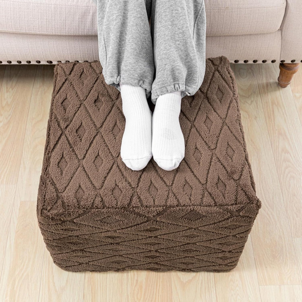 Fluffy Square Ottoman Pouf with All-in-One Foam Filling 20 x 14 Inches Furry Ottoman Foot Rest Foot Stool for Living Room or Bedroom (Coffee)