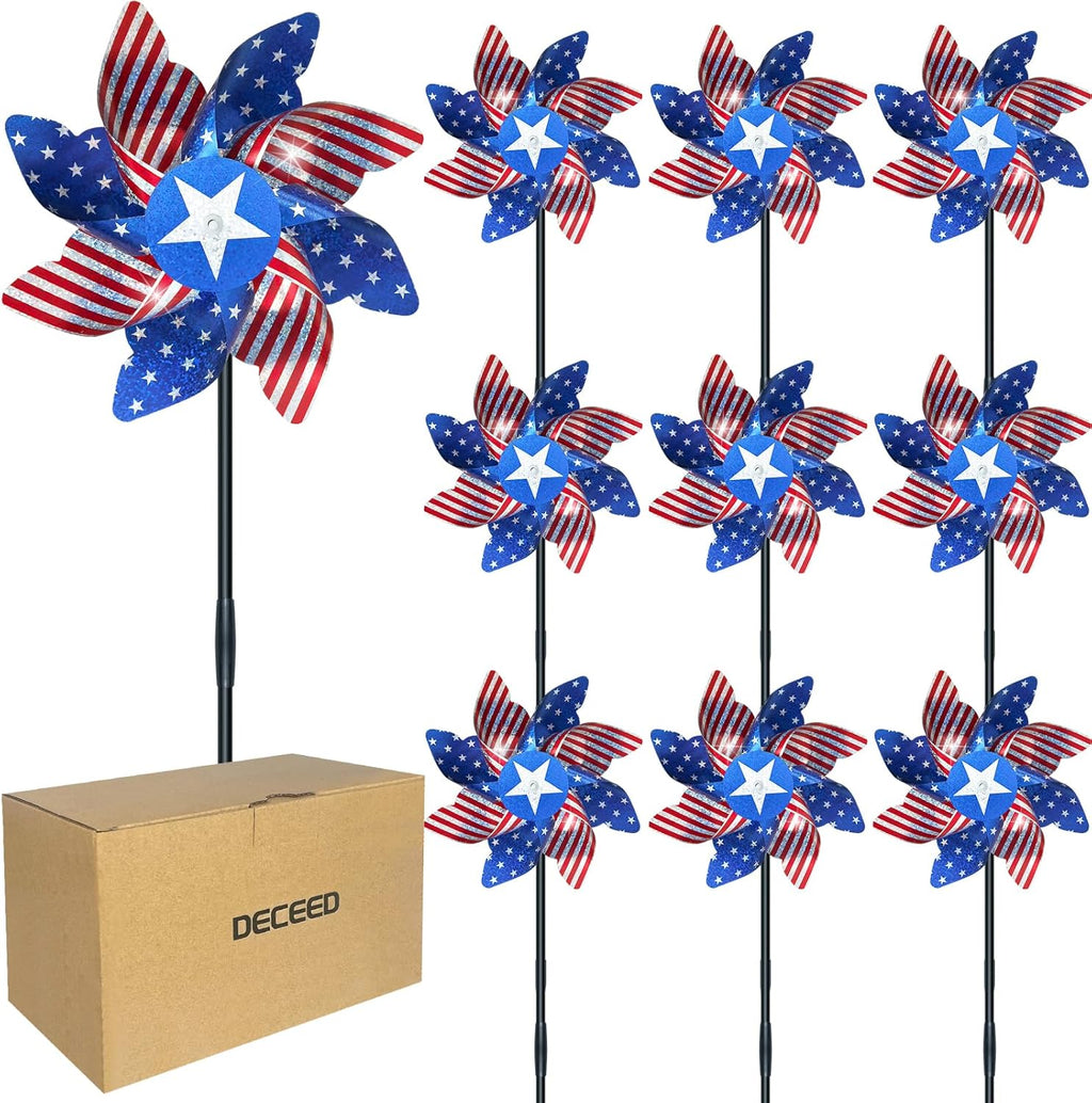 10 PCS Reflective Pinwheels for Yard and Garden Bird Devices Pre-Installed Sparkly Wind Spinner Deterrent to Scare Birds Away from Yard Patio Farm (Red&White&Blue)