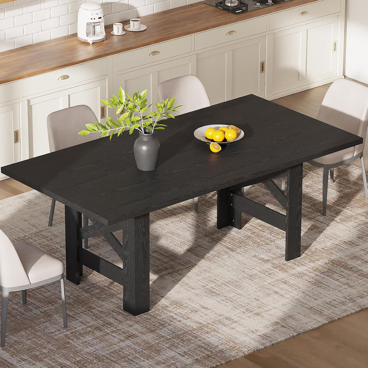 IDEALHOUSE 71" Long Dining Table for 6-8, Farmhouse Wooden Barn Kitchen Table for 6, Triangular Legs, Large Dining Room Table w/Thick Tabletop, Sturdy Frame, for Dinner, Kitchen, Office, Rustic Black