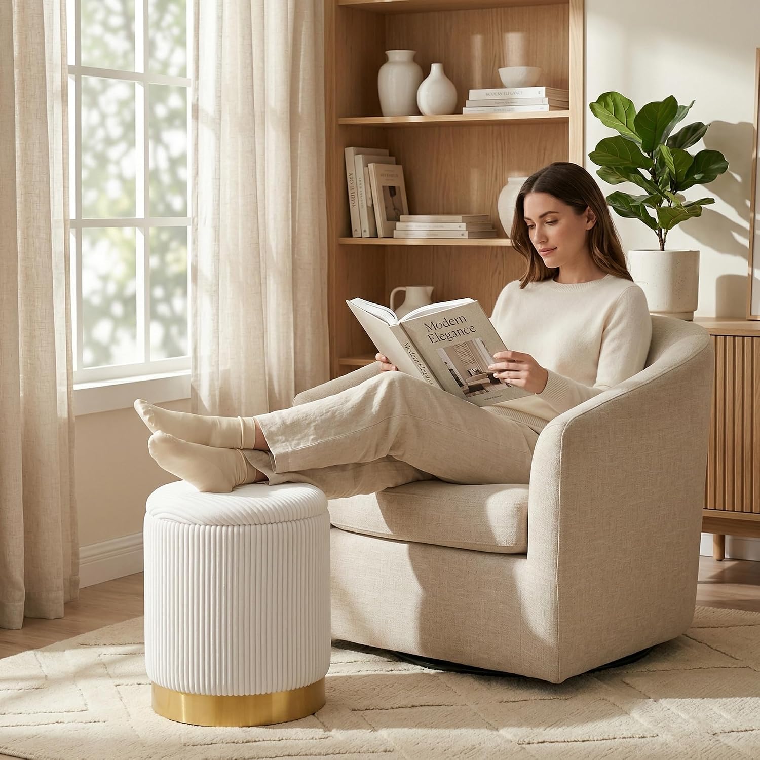 Joveco 14" Round Storage Ottoman for Dorm with Reversible Lid Tray | Beige Corduroy Footrest Stool with Gold Metal Base, Modern Small Ottoman Coffee Table & Side Table for Bedroom Living Room