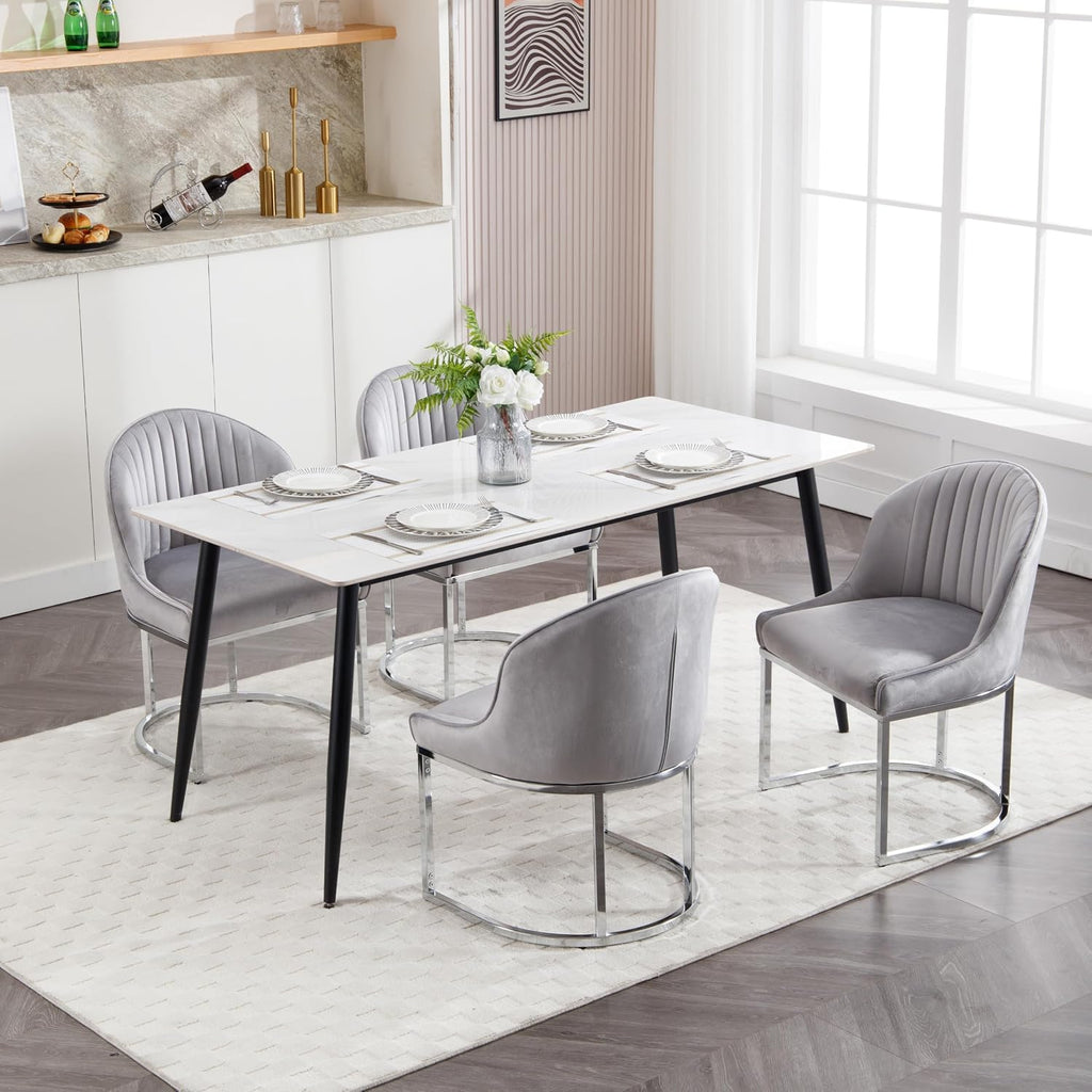 Velvet Dining Chairs Set of 4, Modern Upholstered Barrel Dining Chairs with Chrome U-Shaped Base, 18.5" Wide Accent Chairs Dressing Chair Lounge Chair, Grey