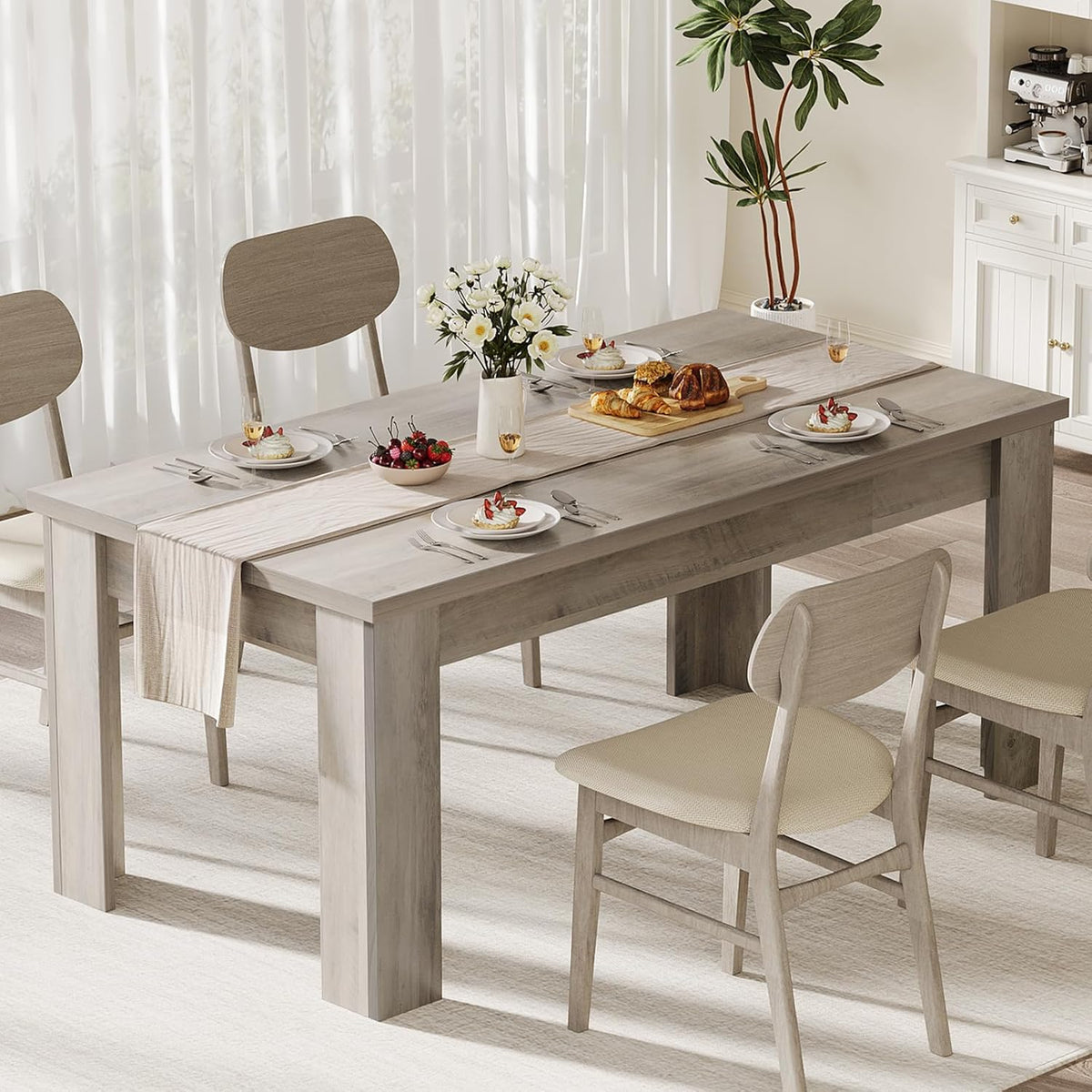 CABIHOME 63" Rectangular Dining Table for 4-6, Farmhouse Large Kitchen Table, Sturdy Frame, 4 Triangular Stable Legs, Thickened Tabletop, Ideal for Apartment, Dining Room, Small Space, Retro Gray