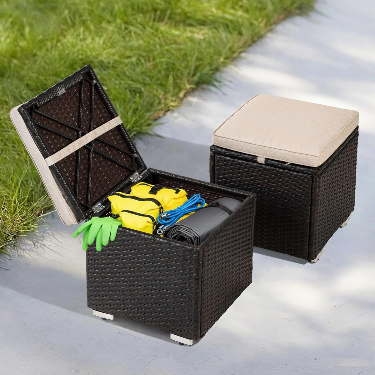 NUU GARDEN Outdoor 2 Piece Outdoor Patio Ottoman, All Weather Rattan Wicker Ottoman Seat, Outdoor Footstool Footrest Seat with Removable Cushion, for Patio, Backyard, Side Table, Black and Beige