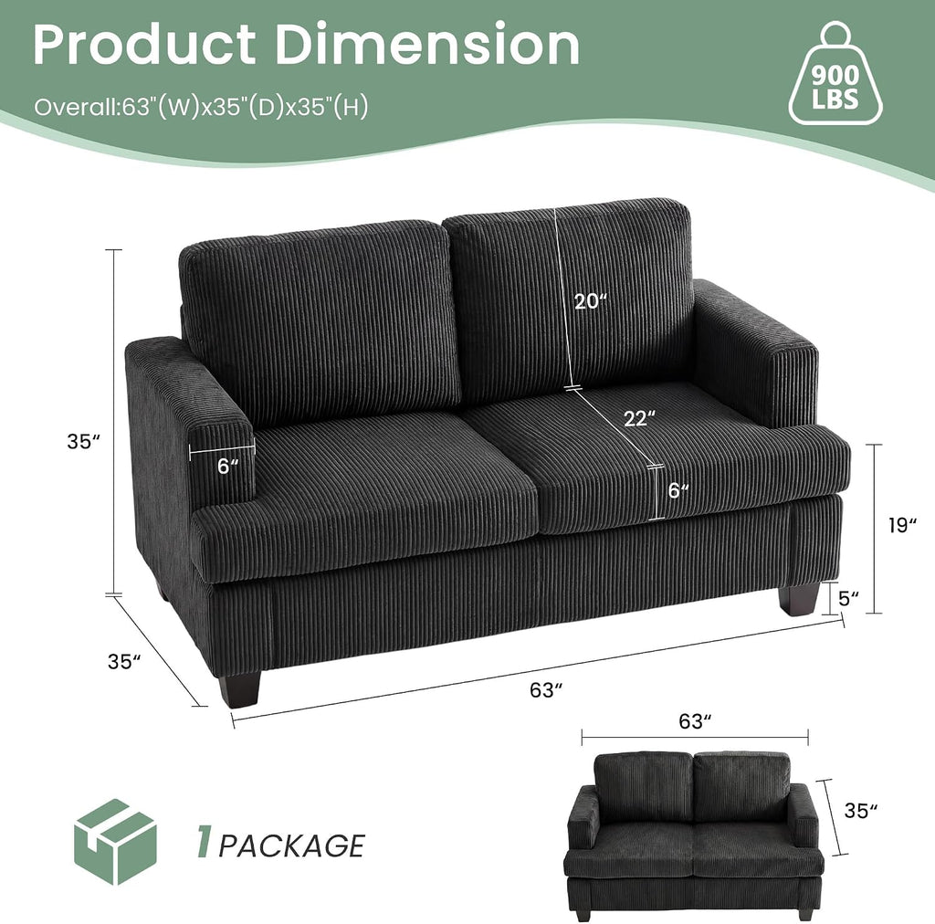 2 Pieces Corduroy Couch Set for Living Room, Black Cloud Sofa, Deep Seat Floor Couch for Bedroom, Futon Modern Sofa Sectional Bed, Black Corduroy