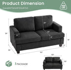 2 Pieces Corduroy Couch Set for Living Room, Black Cloud Sofa, Deep Seat Floor Couch for Bedroom, Futon Modern Sofa Sectional Bed, Black Corduroy