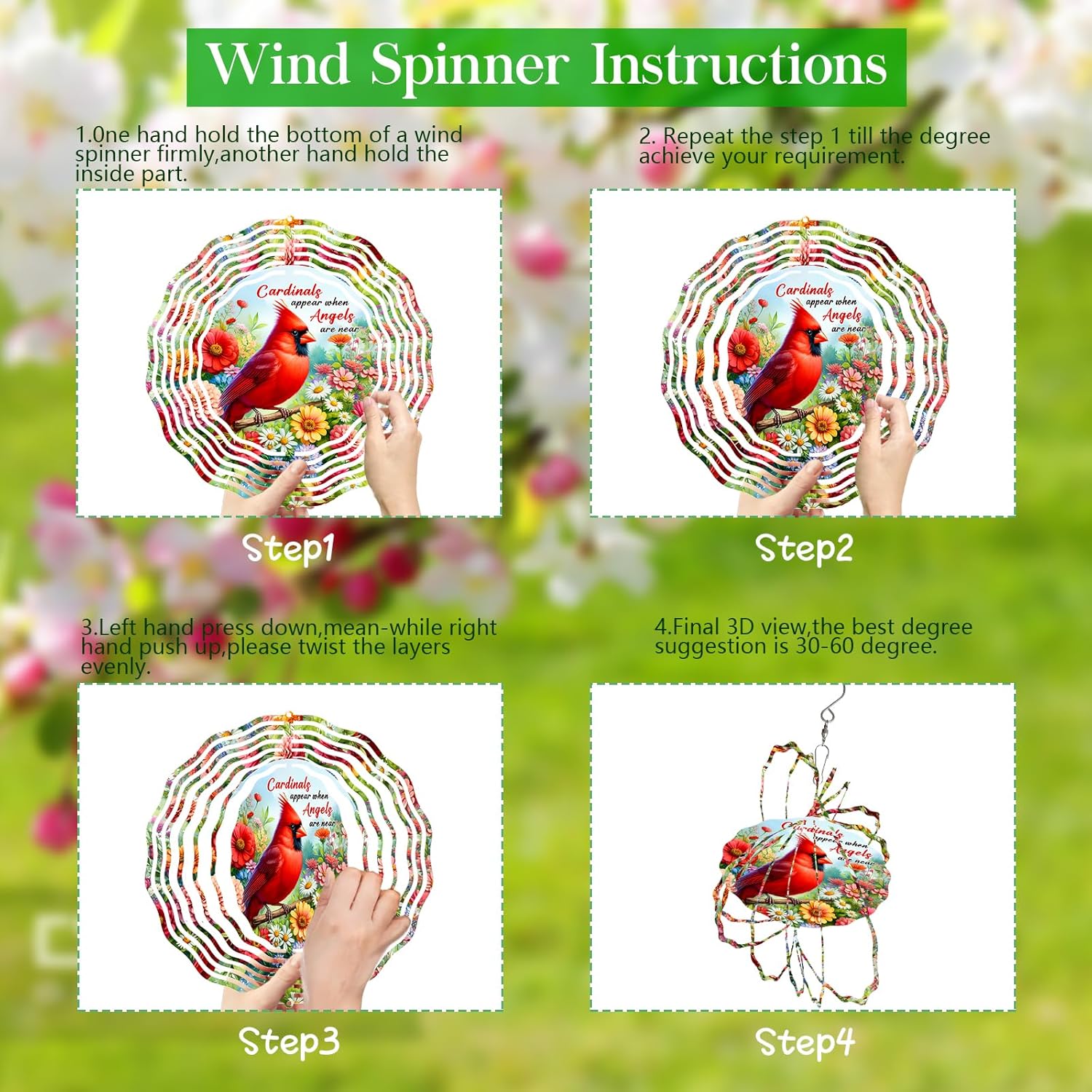 Cardinal Wind Spinner,3D Frosted Wind Spinners Hanging for Yard and Garden Cardinal Wind Spinner with Flower,10" Hanging Wind Sculptures Made of Tough Steel Plate