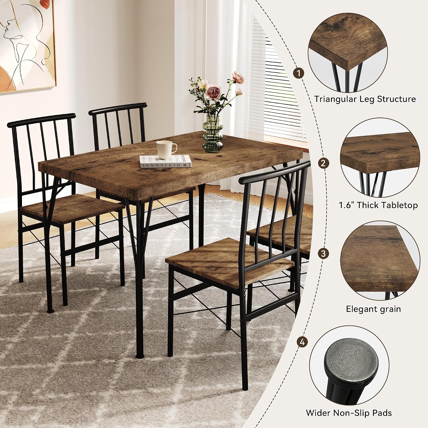 Dining Table Set for 4 with 1.6" Thick Tabletop, 5-Piece Kitchen Table Set, Space-Saving Rectangular Dining Room Kitchen Table Chair Set for Small Space,Dinette,Apartment,Rustic Brown