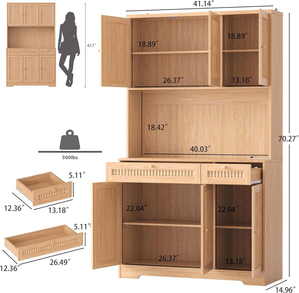 Pantry Storage Cabinet with Charging Station, Kitchen Storage with Adjustable Shelves, Food Pantry Cabinet with Coffee Bar Storage, Modern Kitchen Cupboard for Dining Room, Living Room, Oak