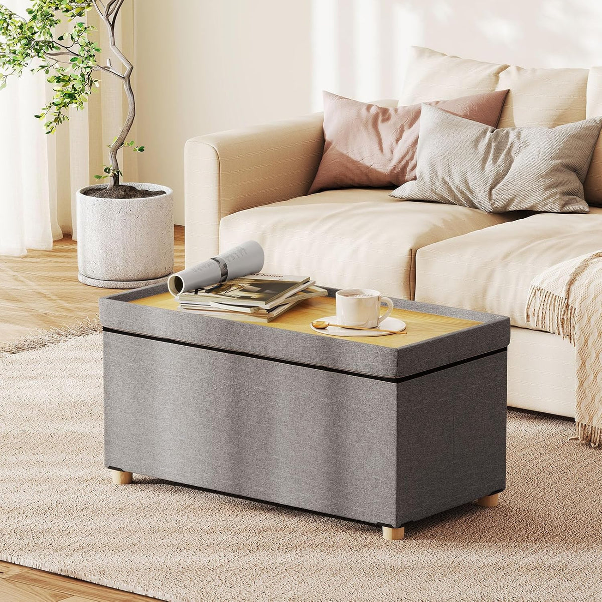GOFLAME 30 Inches Storage Ottoman Bench, Linen Fabric Footstool with Flip Top Tray, Padded Foot Rest Stool, Rectangular Eed of Bed Bench, Storage Chest for Living Room, Entryway, Bedroom