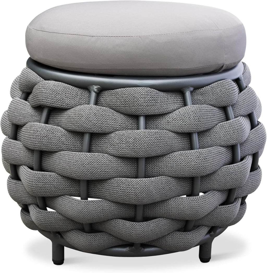 Round Patio Ottoman: Woven Textilene Rope Footstool with φ15.8'' Cushion, Aluminum Frame Footrest, All-Weather Foot Rest for Balcony Garden Deck Outdoor, No Assembly, Dark Gray