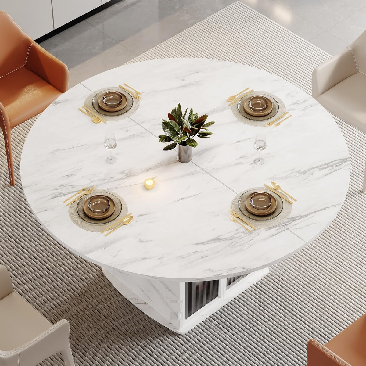 IBF 47" Round Dining Table with Storage, White Faux Marble Kitchen Tables for 4-6 People, Modern Dining Room Table with Fridge Space, Wood Circle Dinner Tables for Home, White Marble, Only Table