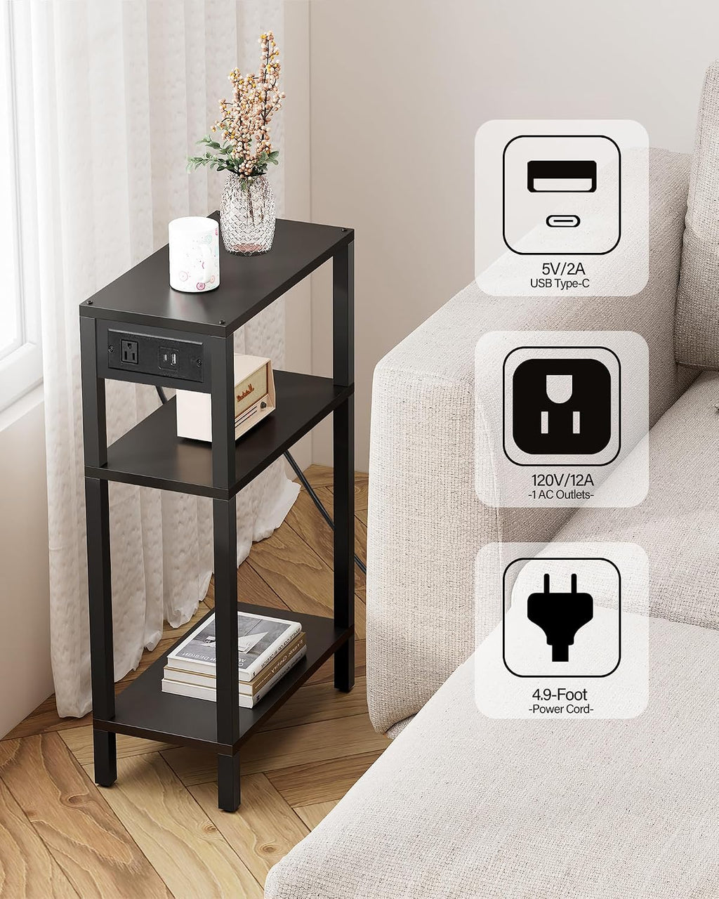 TUTOTAK Narrow Side Table, 3-Tier Small End Table with Charging Station | Skinny Sofa Table, Slim Nightstand, Easy Assembly for Living Room, Bedroom, Black TB01BK079