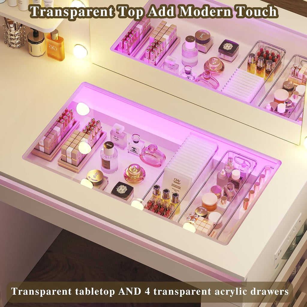HUAHUU Vanity Desk with Lighted Mirror & Transparent Top, Makeup Vanity Desk with 4 Transparent Drawers and RGB Lighting, Built-in Power Outlet, 3-Tier Side Shelves & Storage Organizer for Bedroom