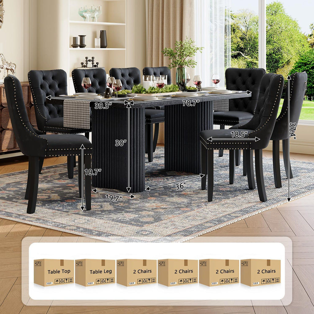 Dining Table Set for 8, 79'' Large Modern Rectangular Dining Room Table with 8 Velvet Chairs, Black Wood Finish, Reinforced Pedestal Base & Thick Tabletop, Stable Design for Home Dining