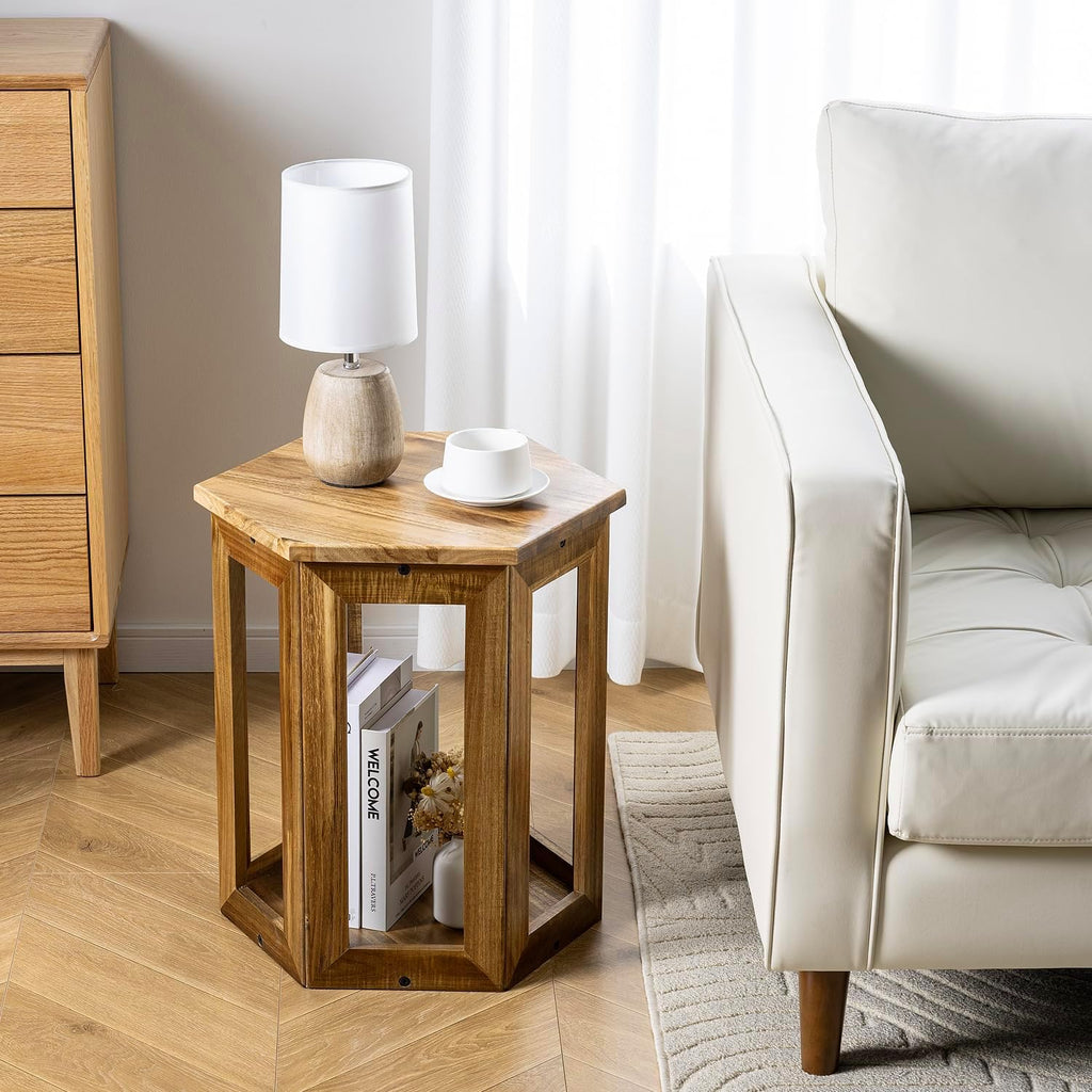 MyGift Hexagon Acacia Wood End Table with Shelf – 20-Inch Tall Small Side Table for Living Room or Bedroom