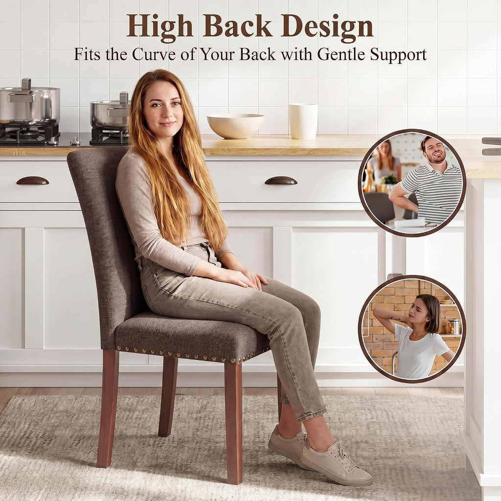 Farmhouse Dining Chairs Set of 6, High Back with Wooden Legs and Nailhead Trim, Modern Fabric Dining Room Chair for Kitchen/Restaurant