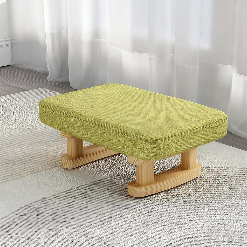 7-Inch High Stool, Small Linen Footstool, Solid Wood Frame, Entryway Shoe Bench, with Padded Footrest, Suitable for Living Room, Entryway, and Bedroom Natural Legs Green