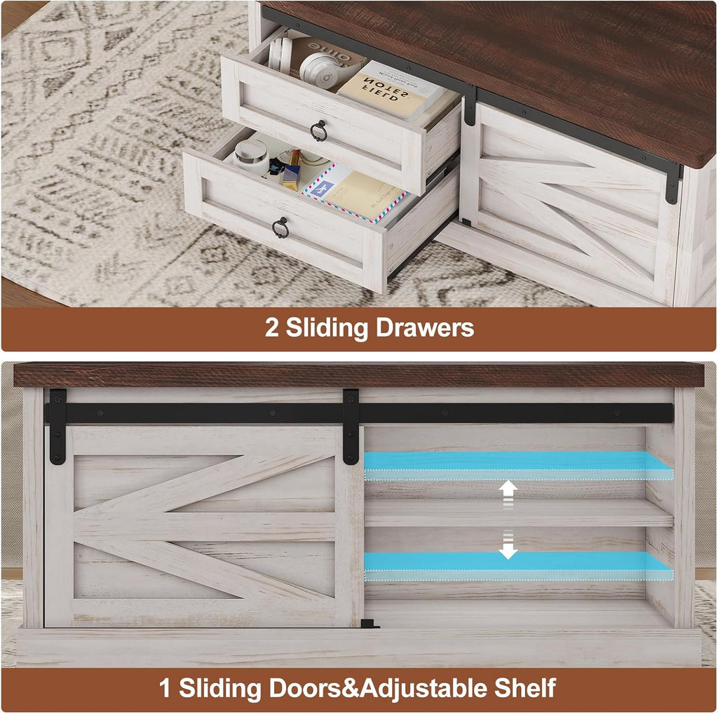 Itaar 39.4'' Lift Top Coffee Table with Storage, Farmhouse Coffee Tables for Living Room, Square Coffee Table with Large Hidden Compartment & 2 Drawers & Adjustable Shelves, Vintage White+Walnut