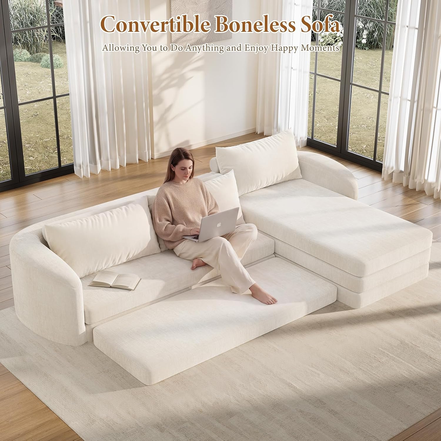 Vesgantti 6 in 1 Convertible Folding Sleeper Sofa Bed, No Assembly, Beige | 110.2" L Shaped Modular Sectional Sofa, Curved Armrest, Deep Seat Couches for Living Room, Chenille, Right Facing