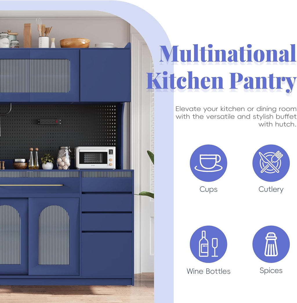 Merax Freestanding 63" W Buffet with Hutch, Large Coffee Bar Storage Cabinet with 6 Drawers, 5 Cabinets with Adjustable Shelves, Pegboard, Towel Rack, Blue